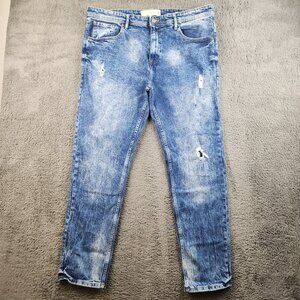 AKademiks Y2K Jeans Men's Size 40x32 Blue Slim Fit Bleach Wash Denim Distressed